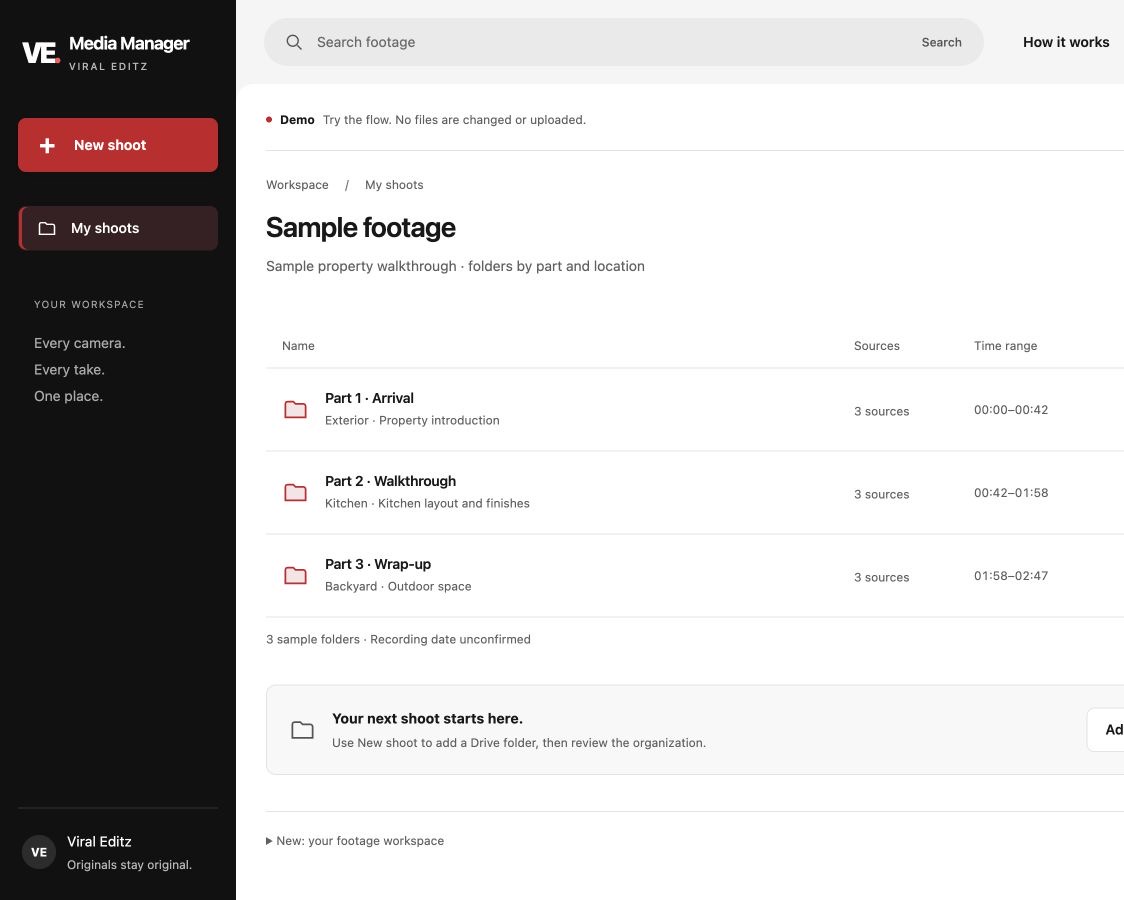 Media Manager with a black sidebar, search bar and a white folder list.